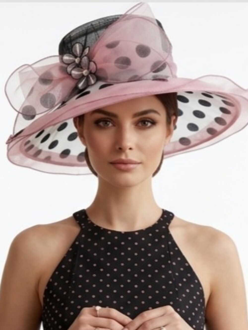 Beloved Millinery Kentucky Beautiful Black White Pink Polka Dot Hat Bling Brooch
